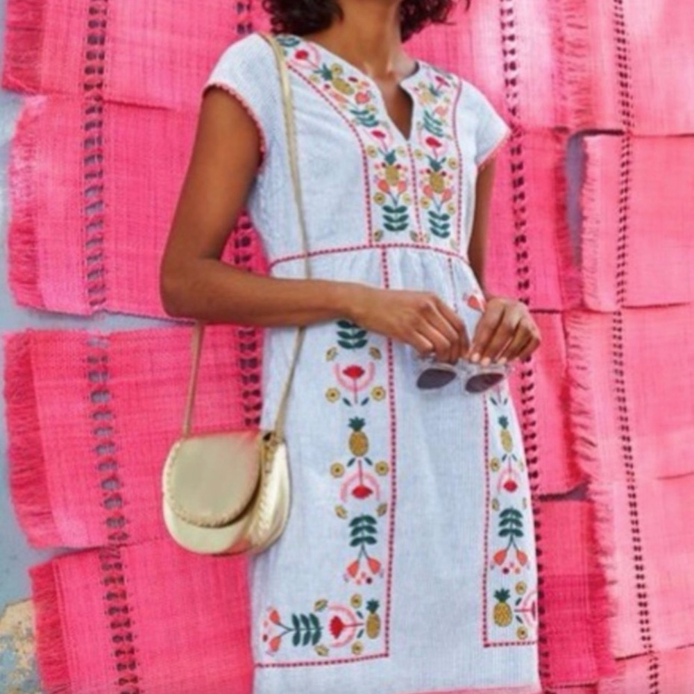 Boden White Dress with Pink and Green Embroidery